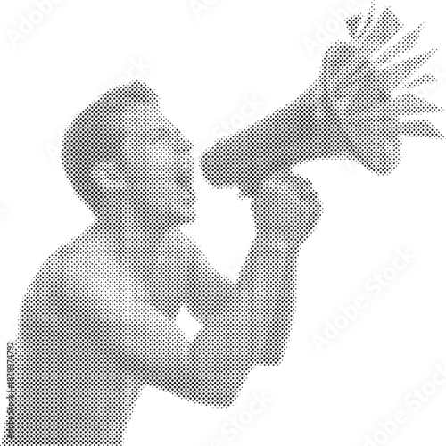 Halftone man shouting through megaphone silhouette, Loudspeaker announcement man halftone illustration