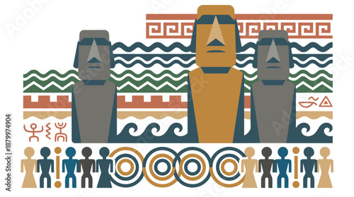 Vibrant Moai statues with colorful patterns and people
