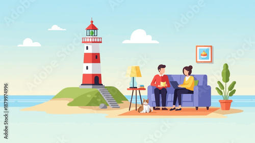 Couple relaxing by lighthouse on beach with dog and indoor plants