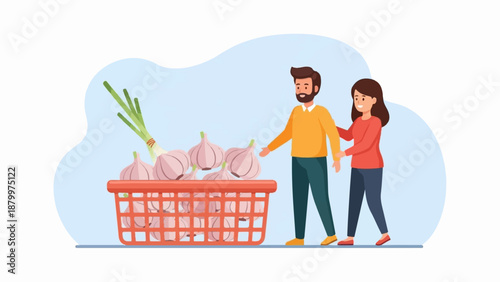 Couple stands by a basket overflowing with fresh garlic bulbs, ready for harvest