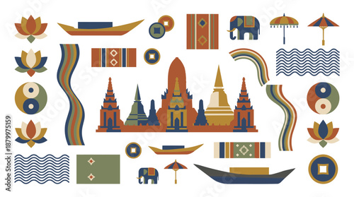Vibrant Thai temple icons and traditional patterns collection