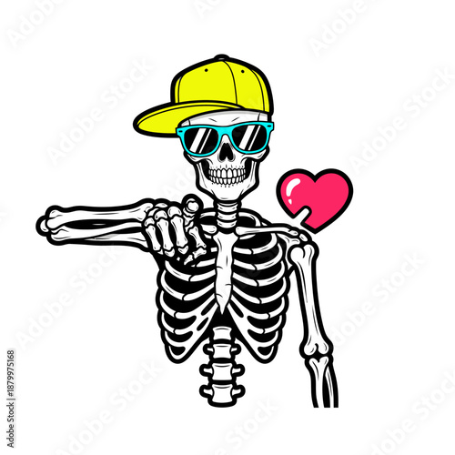 Playful Skeleton in trendy accessories with a heart accent conveying lively