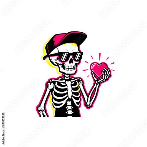Colorful Skeleton Character Wearing Sunglasses and Holding a Heart Illustration