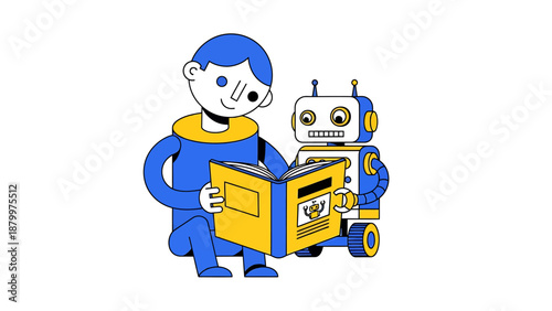 Child and Robot Reading Together.