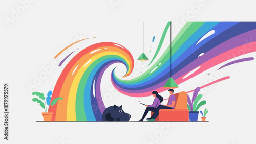 Couple and pet relax amidst a vibrant, swirling rainbow in a modern room