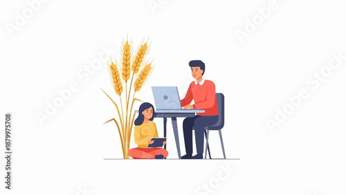 Couple by wheat stalks, one with laptop, other with tablet