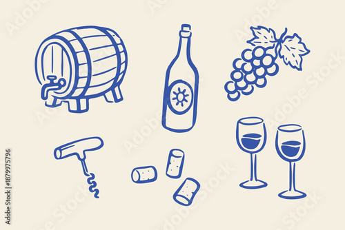 Wine barrel and glasses hand drawn sketch vector illustration