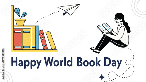 Woman reading book on World Book Day with colorful bookshelf