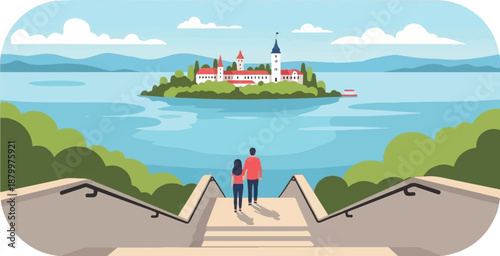Couple walks down stairs towards a serene lake with an island castle