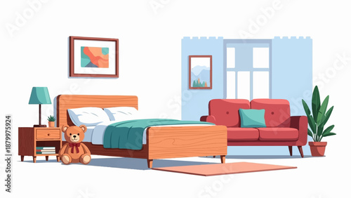 Cozy bedroom scene with bed, teddy bear, nightstand, sofa, window, and plants