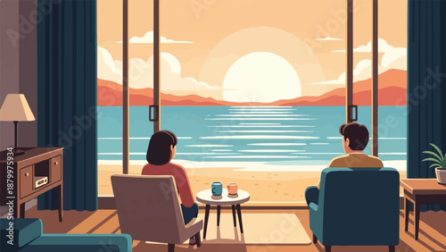 Couple watches a pixelated ocean sunset from their cozy living room