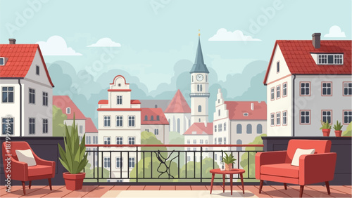 Cozy balcony overlooking picturesque European town with clock tower