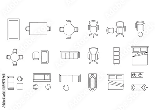 Furniture Outline Top View Icons Set – Thin Line Floor Plan Symbols for Interior & Architecture