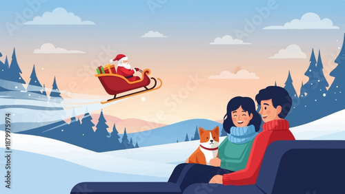 Couple watches Santa's sleigh carrying gifts fly over snowy forest