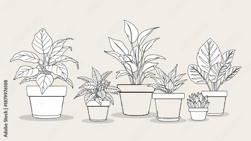 Fototapeta premium Collection of potted plants drawn in a sketchy, black and white outline style