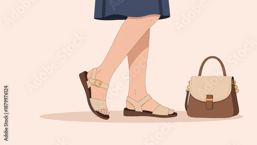 Close up of person's legs in sandals with a handbag nearby
