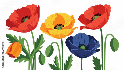 Colorful poppies in red, yellow, and blue with green leaves and buds