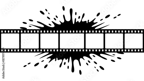 A black and white image features a film strip with an ink splash design.