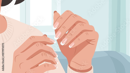 Close up of hands with perfectly manicured french tips and nails, smooth skin
