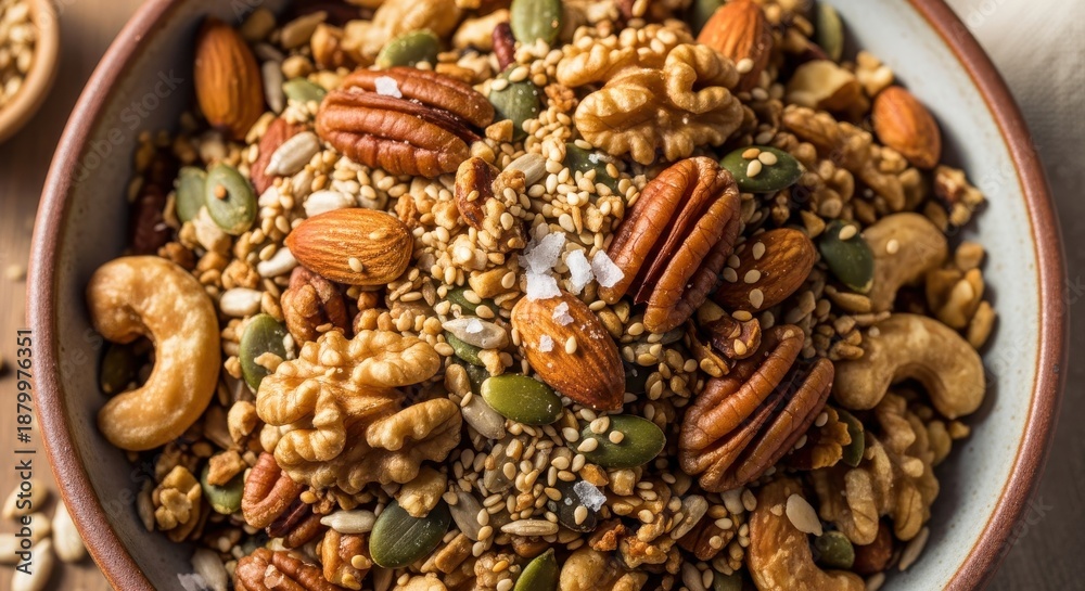 Fototapeta premium Gourmet mix of assorted nuts and seeds fills a rustic ceramic bowl.