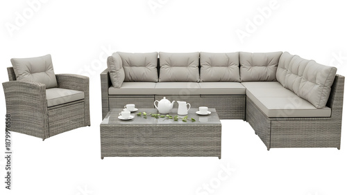 Wicker patio furniture set isolated on transparent background