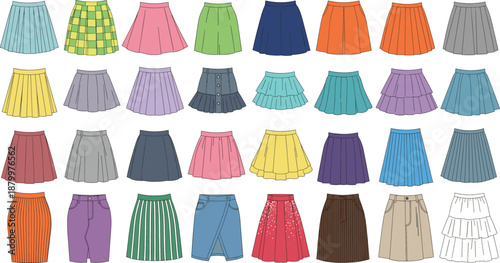 Collection of Stylish Women Skirt Icons Featuring A-Line Pleated Denim and Layered Designs in Various Colors for Fashion Apparel Vector Illustration Set.