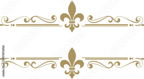Elegant golden ornate flourish decorative elements, featuring fleur de lis motifs on white background, perfect for luxury branding, invitations, logos, frames, and decorative design projects.