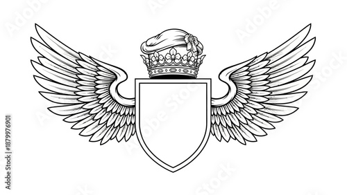 Vintage heraldic emblem design featuring a grunge vector shield with eagle wings and a crown insignia ribbon element for a classic tattoo logo illustration