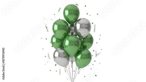 Green and silver balloons cluster isolated on transparent background