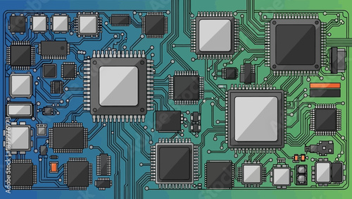 A macro view of a green printed electronic circuit board featuring a digital processor chip and microchip components designed for modern computer hardware engineering and industry technology