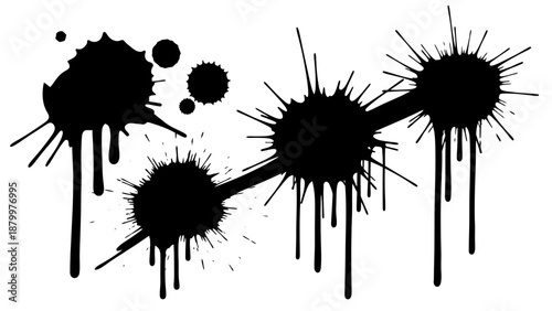 A set of black ink splat and grunge blots vector illustration featuring nature elements like a palm tree leaf and flower silhouette with dirty paint splash stains and liquid blob drops