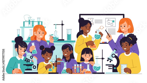 Illustration of diverse girls and women in lab coats engaging in science experiments on International Day of Women & Girls in Science in a colorful, educational setting.