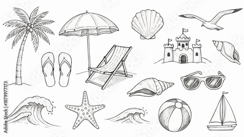 Collection of beach vacation and summer holiday elements.