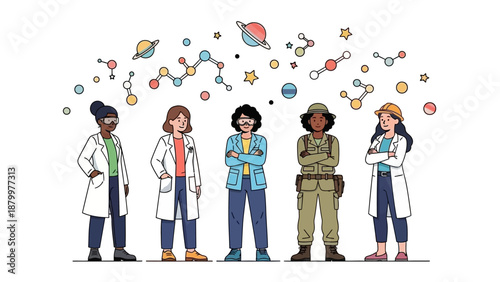 Illustration of diverse scientists and a pilot standing together with celestial objects floating above them, celebrating International Day of Women & Girls in Science with a sense of