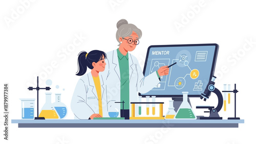Illustration of a doctor and a girl in lab coats examining a microscope slide and discussing science in a laboratory setting on International Day of Women & Girls in Science.