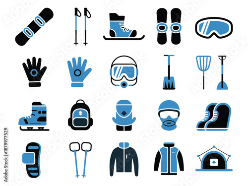 Winter sports equipment icons in blue and black, featuring skiing and snowboarding gear.