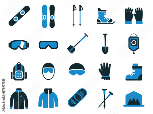 Winter sports equipment icons in blue and black design for outdoor enthusiasts.