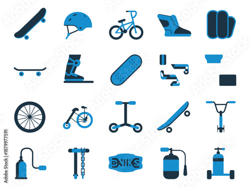 Collection of blue and black sports equipment icons for cycling and skating.