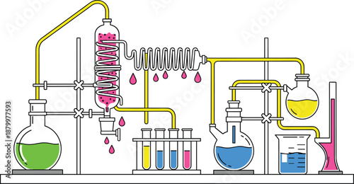 Detailed Chemistry Laboratory Distillation Apparatus Featuring Glass Flasks Test Tubes Condenser Coils and Colorful Chemical Solutions in Minimalist Line Art Vector Illustration Design.