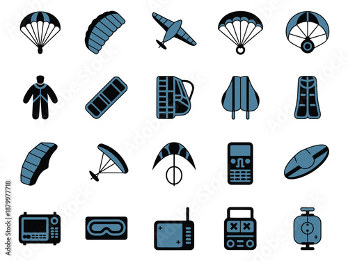 Vector icons representing skydiving gear and equipment in a minimalist style.