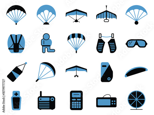 Collection of blue and black icons representing various outdoor activities and equipment.