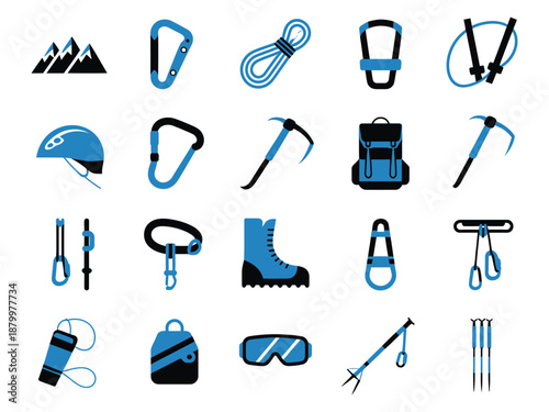 A vibrant collection of climbing gear and outdoor adventure icons in blue and black.