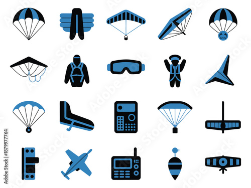 Collection of aerial sports icons in black and blue, showcasing various equipment.