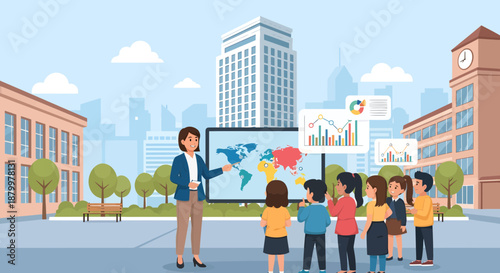 Teacher showing world map to students.