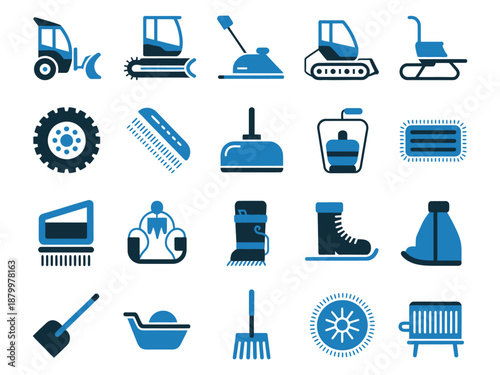 Various blue construction and cleaning equipment icons in a grid layout.