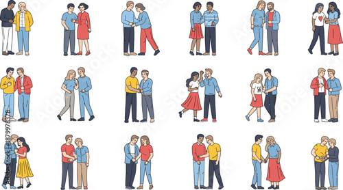 Collection of diverse couples and people in casual clothing engaging in conversation, hugging, and walking together for social interaction and relationship concepts.