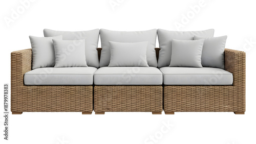 Wicker sofa with white cushions isolated on transparent background