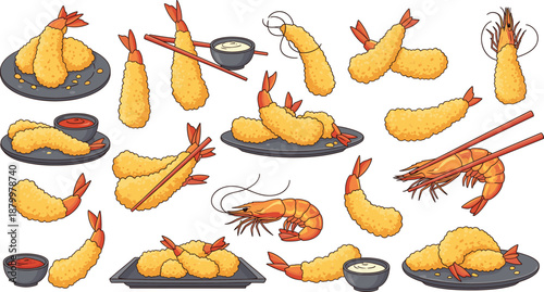 Collection of Crispy Shrimp Tempura Icons Featuring Fried Prawns With Dipping Sauces Red Chopsticks and Fresh Seafood Elements in Detailed Vector Illustration Set.