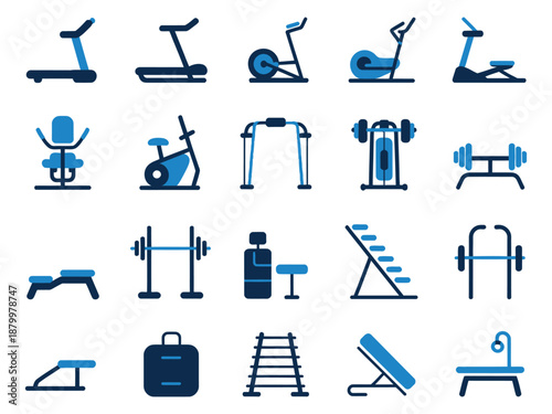 Set of diverse gym equipment icons in blue tones for fitness enthusiasts.
