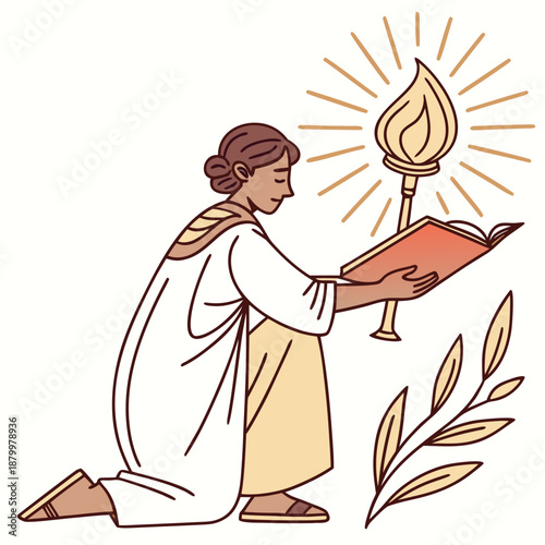 Illustration of a figure with a book and torch